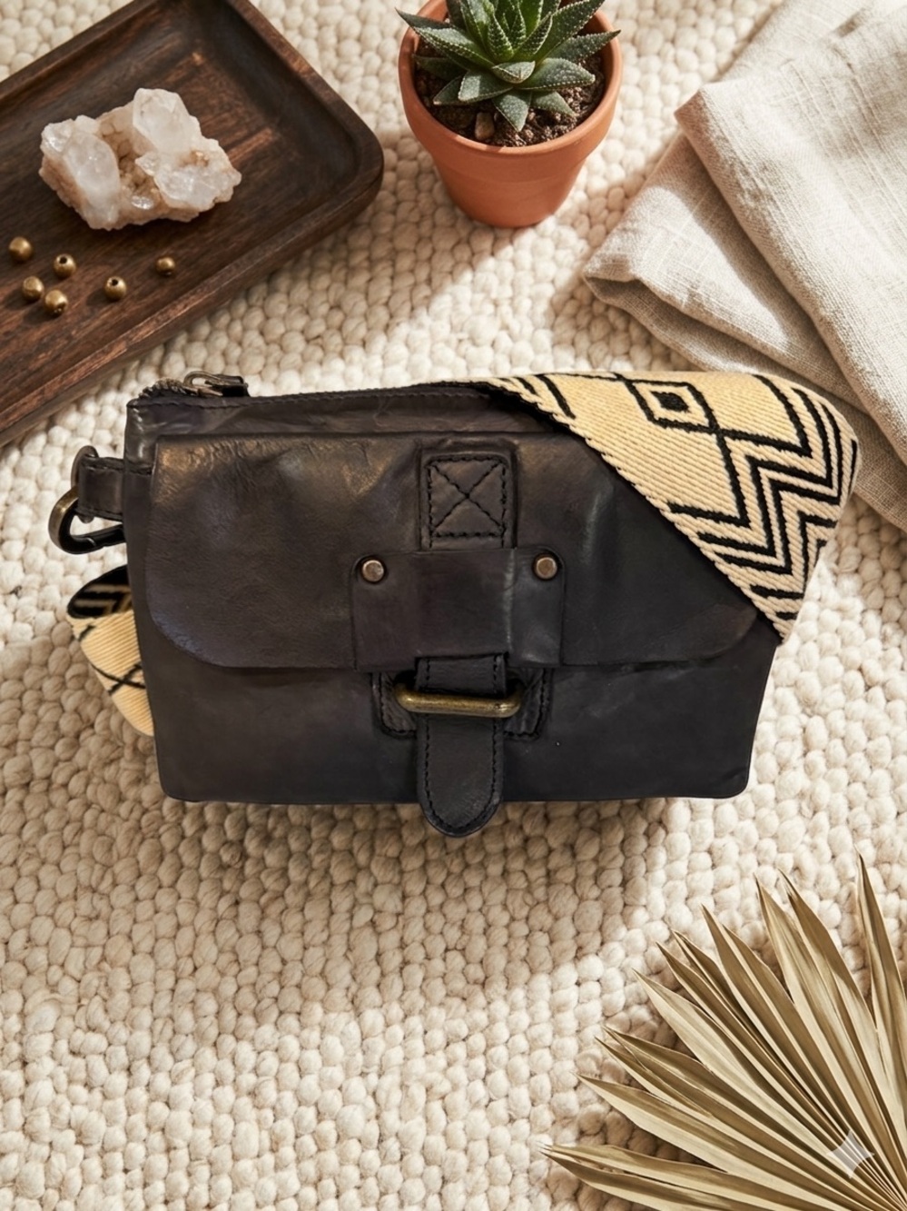 Harbour 2nd Leather Crossbody Bag with Woven Chevron Strap - Black/Cream